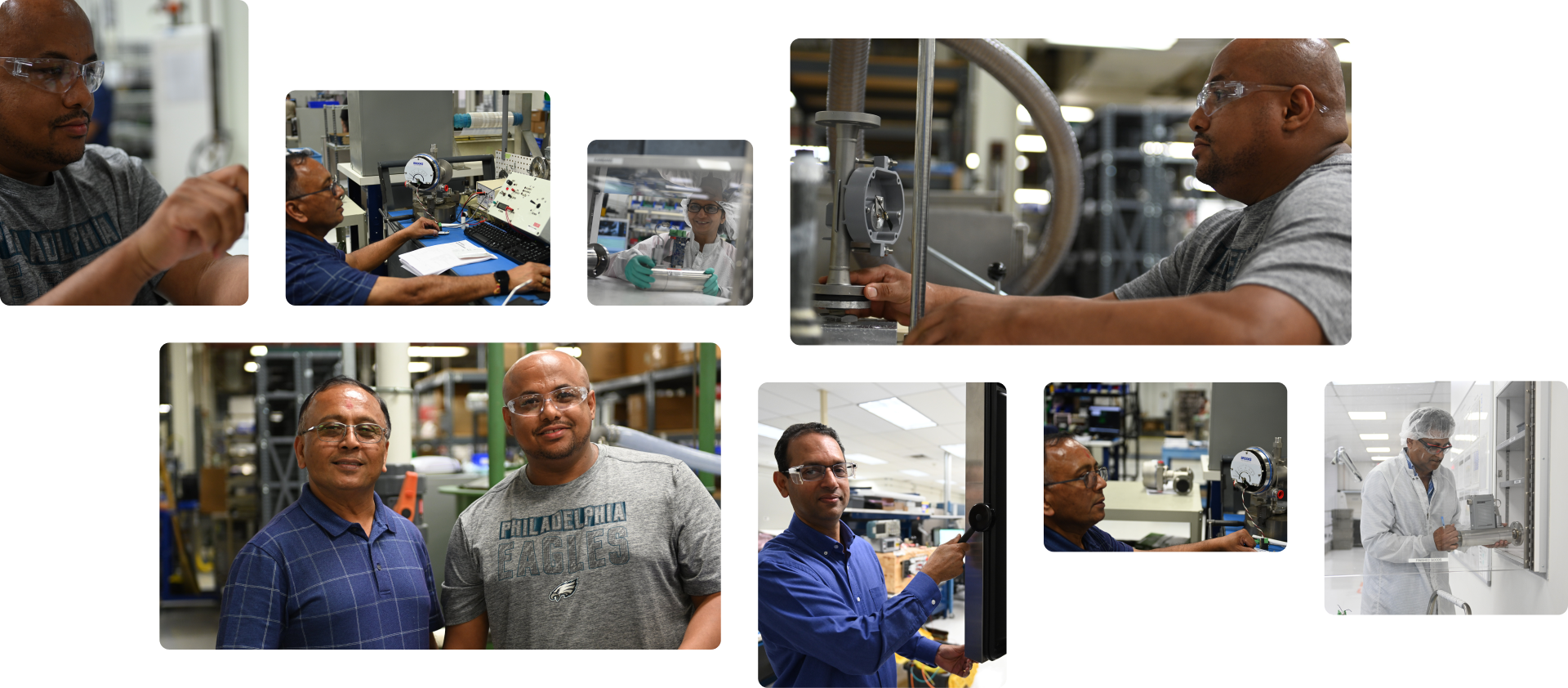 A montage of employees from Brook Instrument actively working in a factory environment, highlighting teamwork and productivity.